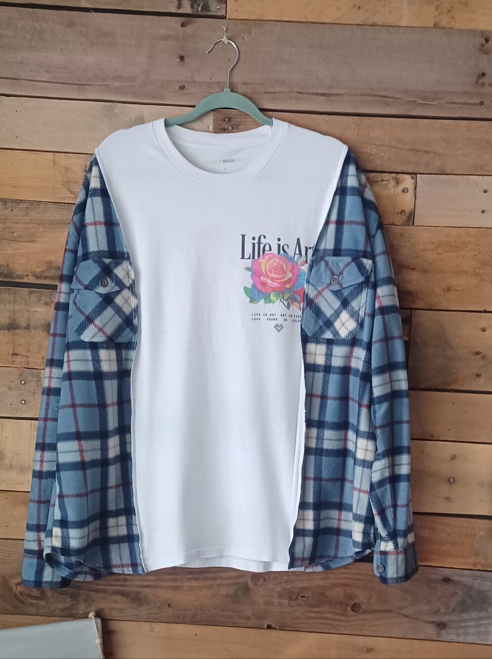 Upcycled White Graphic Art T-shirt  with Blue  Flannel Sleeves - Life is Art
